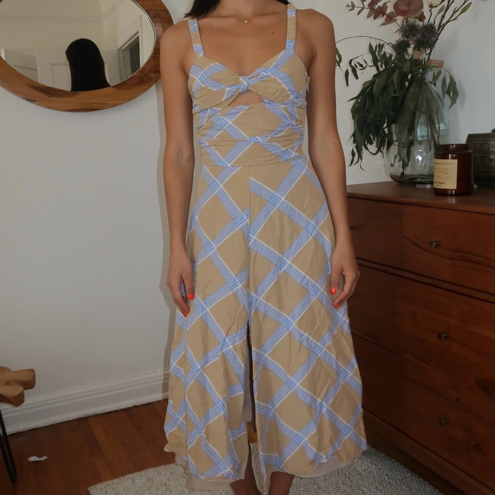 Tan and Blue Plaid Midi Dress